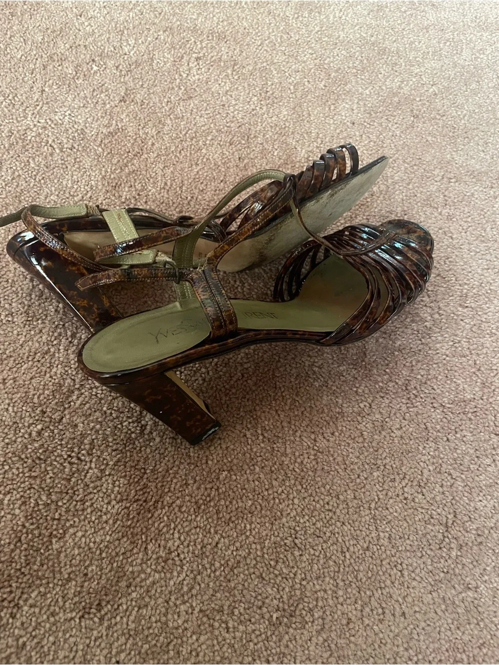 Yves Saint Laurent Brown Tortoiseshell Patent Strappy Heeled Sandals